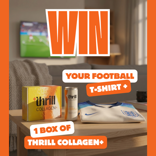 Thrill Collagen+ cans with a football-Tshirt 2026 World Cup giveaway design